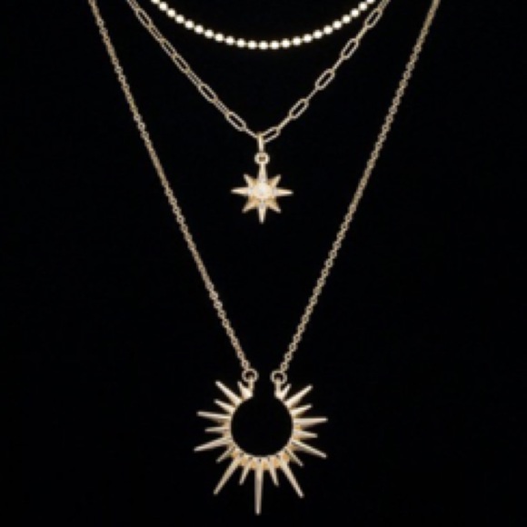 Gold Tone Multi Layer Starburst Pendant Necklace - Picture 3 of 8